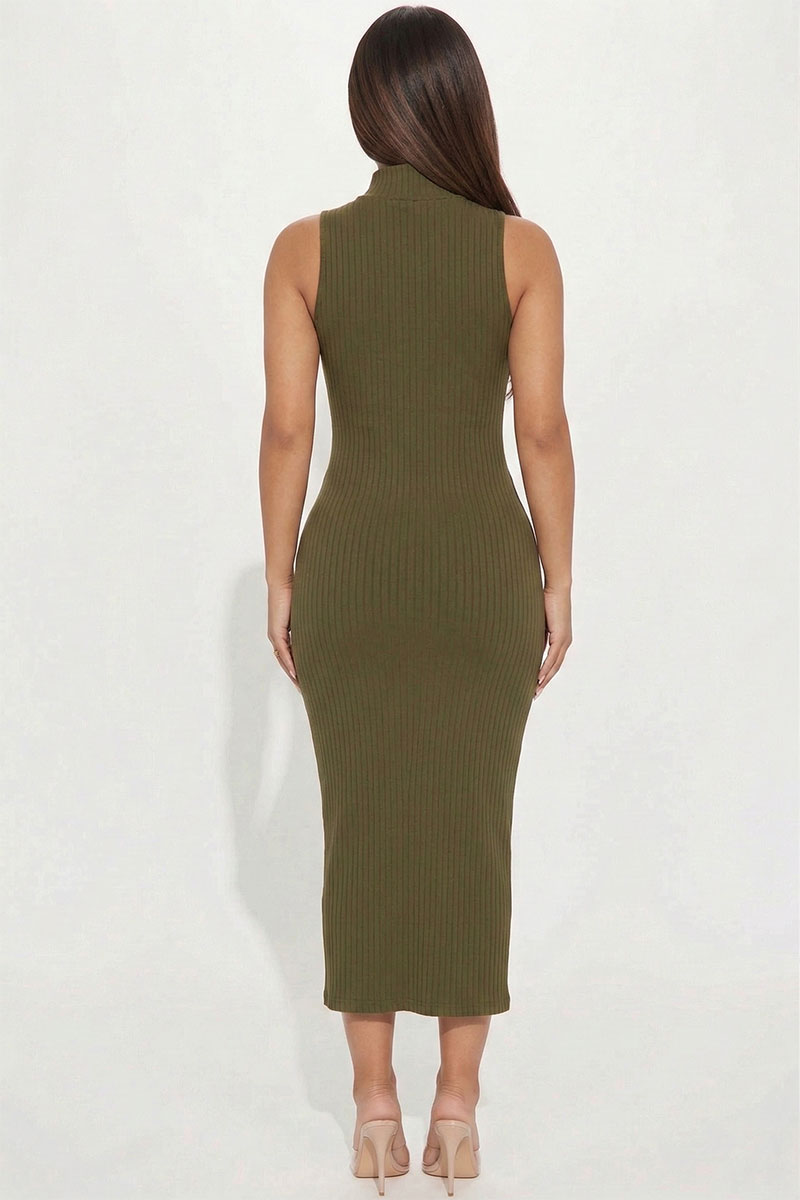 Ribbed Mock Neck Side Slit Sleeveless Bodycon Maxi Dress