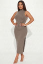Ribbed Mock Neck Side Slit Sleeveless Bodycon Maxi Dress