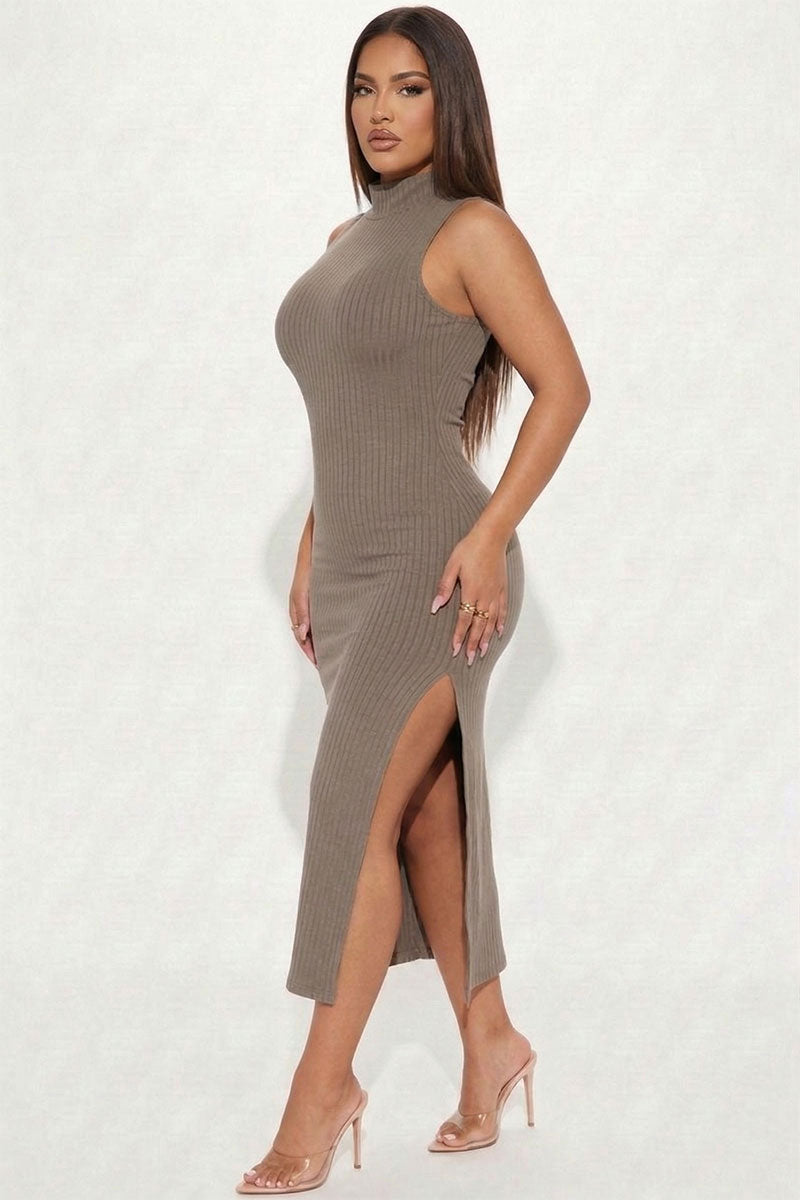 Ribbed Mock Neck Side Slit Sleeveless Bodycon Maxi Dress