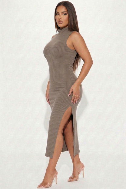 Ribbed Mock Neck Side Slit Sleeveless Bodycon Maxi Dress