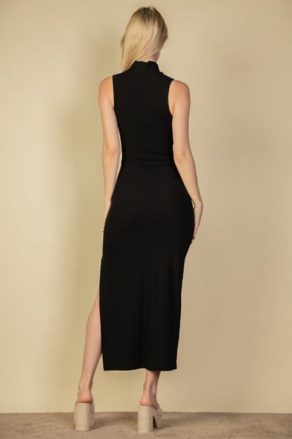 Ribbed Mock Neck Side Slit Sleeveless Bodycon Maxi Dress - Capella Apparel