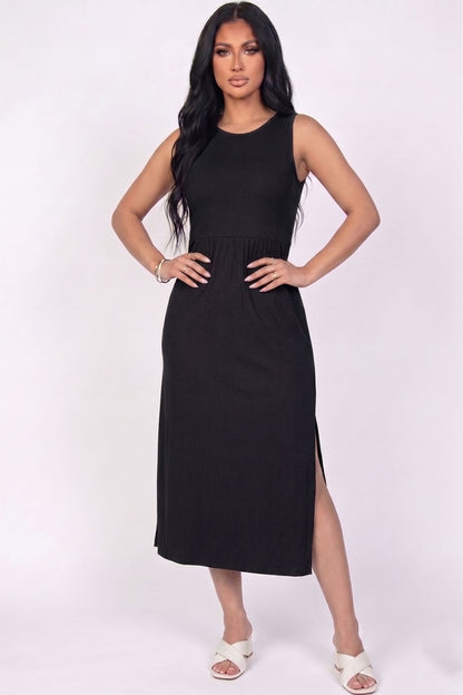 Vestido midi sin mangas con abertura lateral acanalado