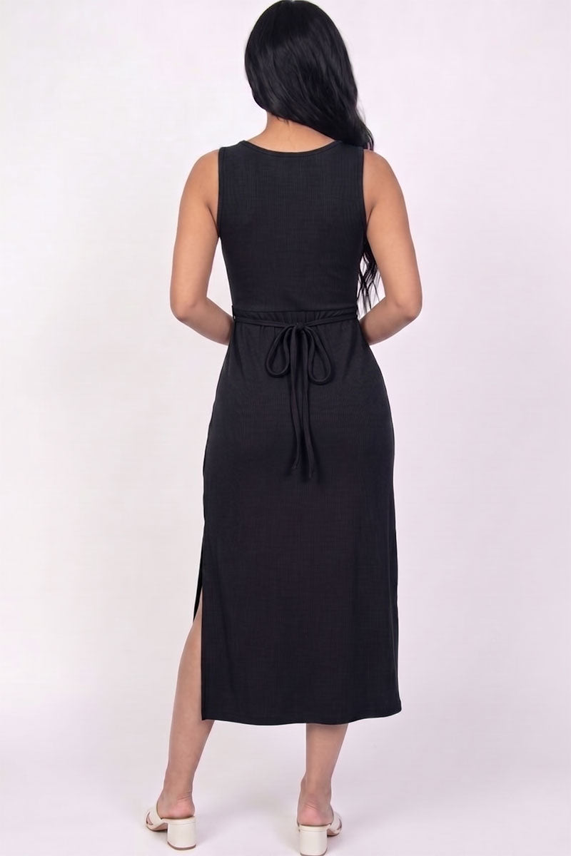 Vestido midi sin mangas con abertura lateral acanalado