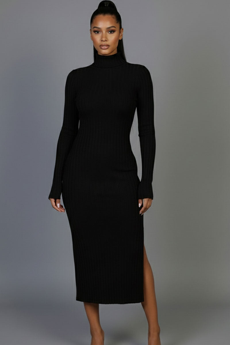 Sweater-Knit Fuzzy Turtle Neck Split Thigh Dress - Black / 2S-2M-2L Sweater-Knit Fuzzy Turtle Neck Split Thigh Dress - Black / 2S-2M-2L