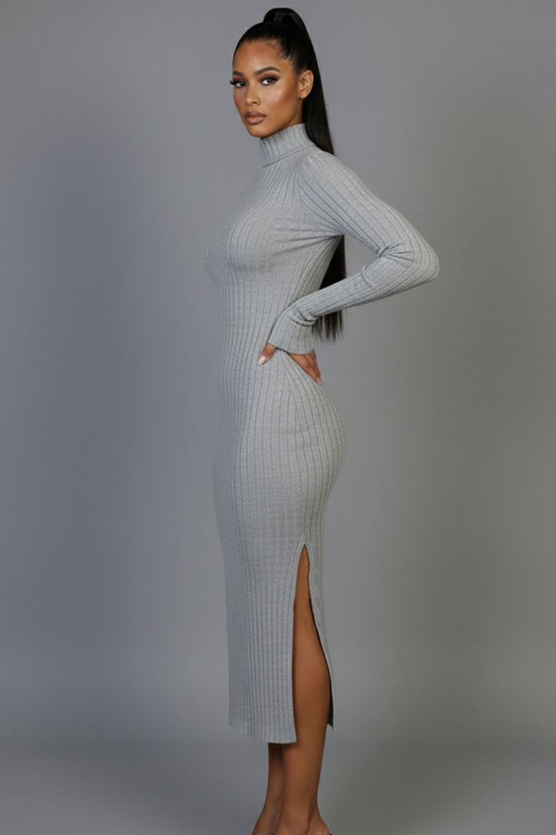 Sweater-Knit Fuzzy Turtle Neck Split Thigh Dress - LIGHT GREY / S Sweater-Knit Fuzzy Turtle Neck Split Thigh Dress - LIGHT GREY / S