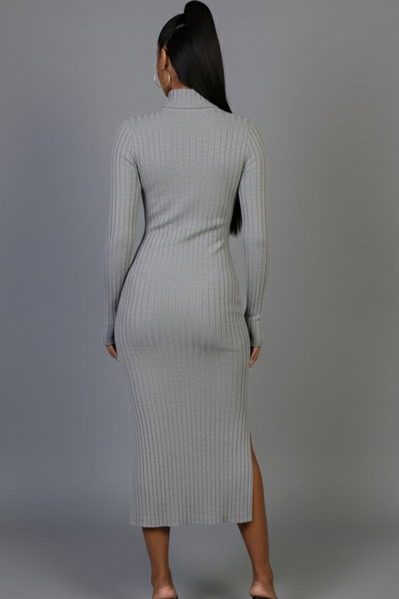 Sweater-Knit Fuzzy Turtle Neck Split Thigh Dress - Black / L Sweater-Knit Fuzzy Turtle Neck Split Thigh Dress - Black / L