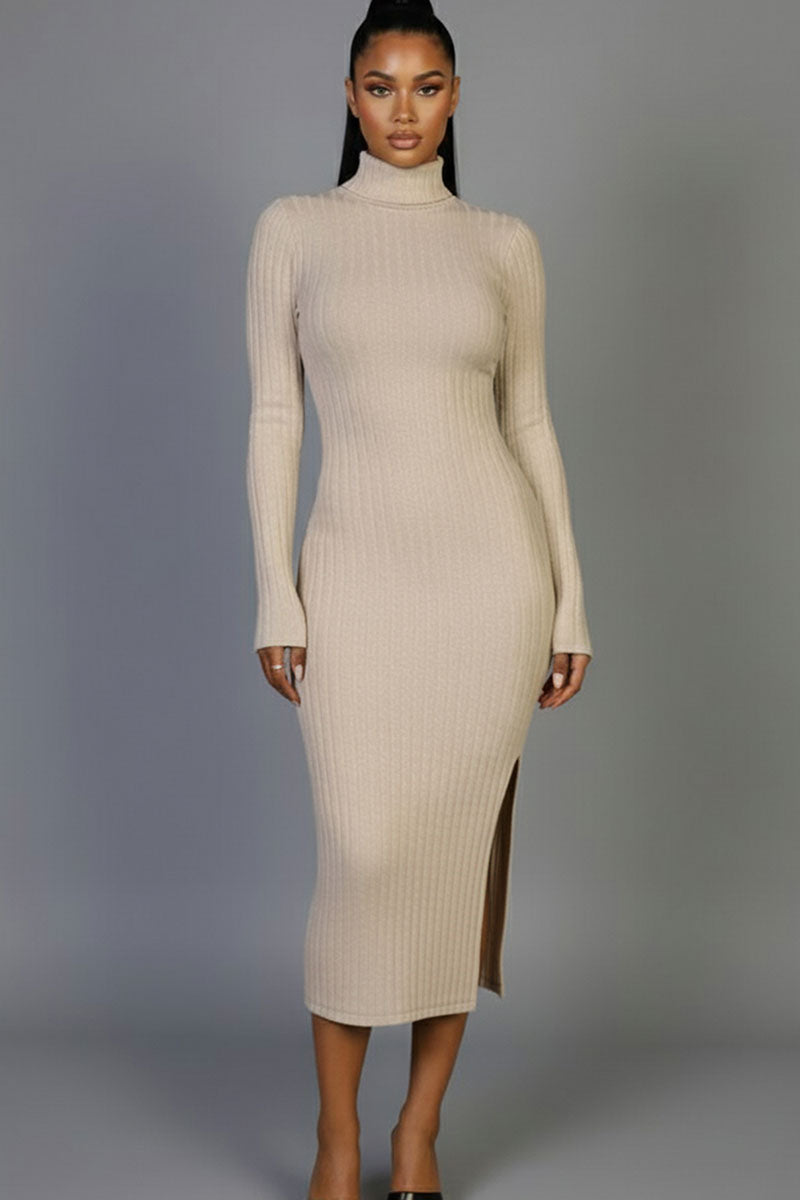 Sweater-Knit Fuzzy Turtle Neck Split Thigh Dress