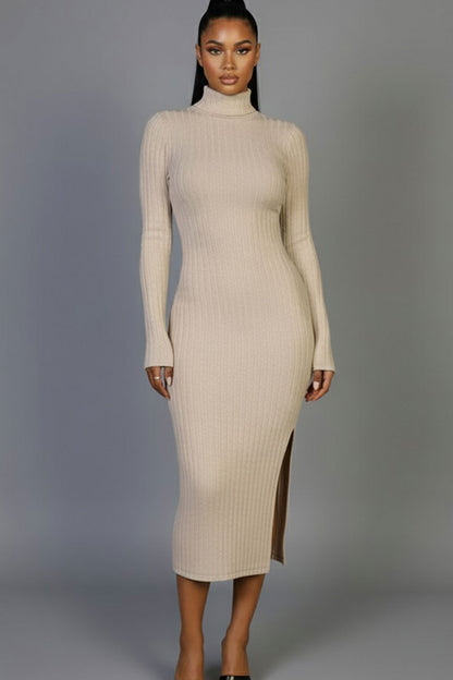 Sweater-Knit Fuzzy Turtle Neck Split Thigh Dress