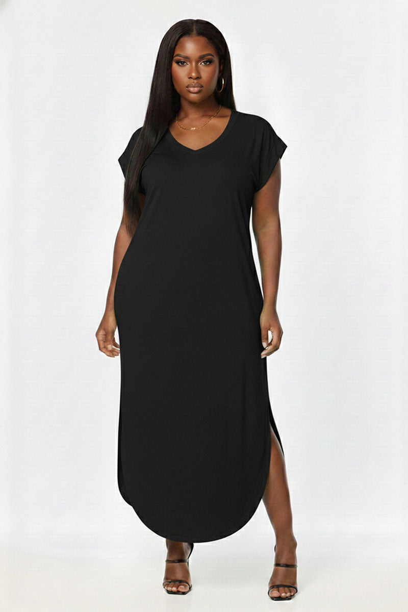 Plus Size Hidden Pocket Batwing Sleeve V Neck Long Dress (CAPELLA)
