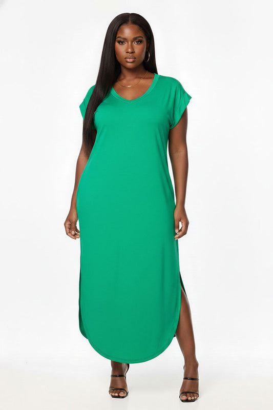 Plus Size Hidden Pocket Batwing Sleeve V Neck Long Dress (CAPELLA)