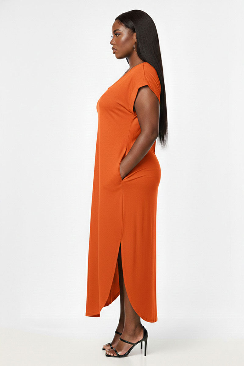 Plus Size Hidden Pocket Batwing Sleeve V Neck Long Dress  Wholesale  Capella Apparel