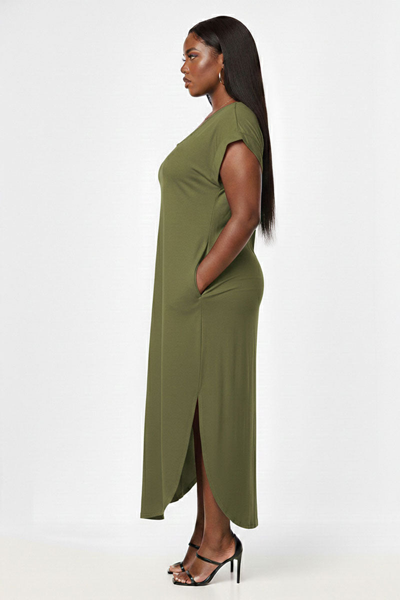 Plus Size Hidden Pocket Batwing Sleeve V Neck Long Dress