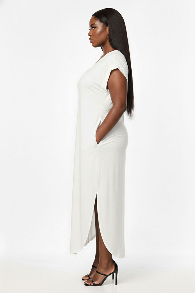 Plus Size Hidden Pocket Batwing Sleeve V Neck Long Dress (CAPELLA)