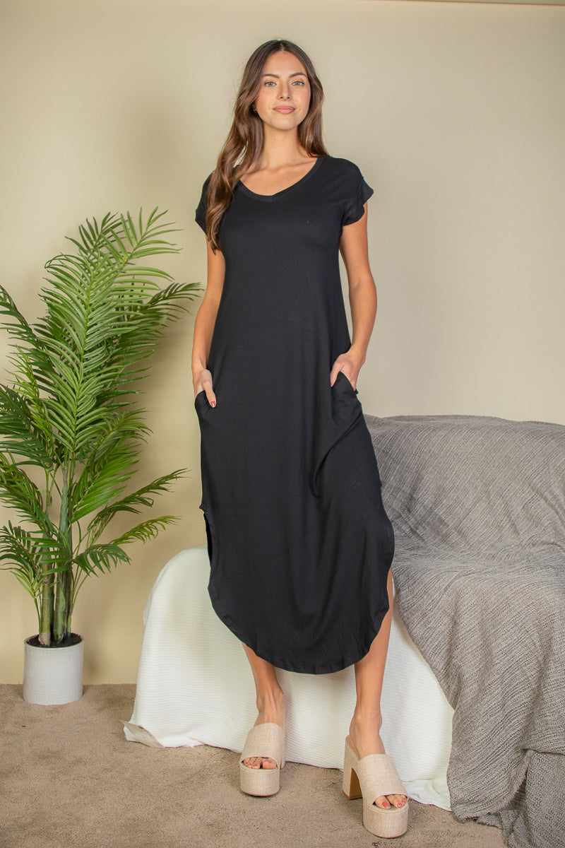 Hidden Pocket Batwing Sleeve V Neck Long Dress - Capella Apparel