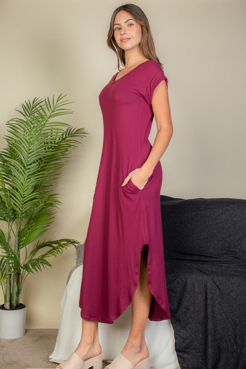 Hidden Pocket Batwing Sleeve V Neck Long Dress - Capella Apparel