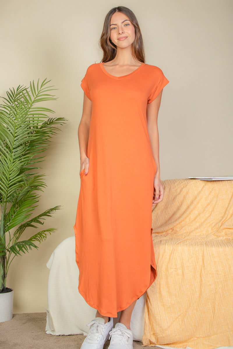 Hidden Pocket Batwing Sleeve V Neck Long Dress - Capella Apparel