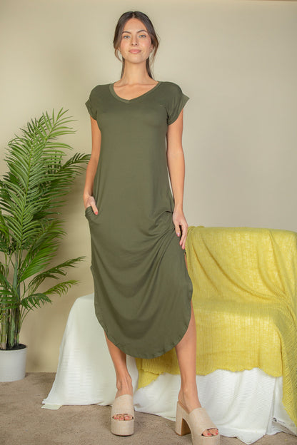 Hidden Pocket Batwing Sleeve V Neck Long Dress - Capella Apparel