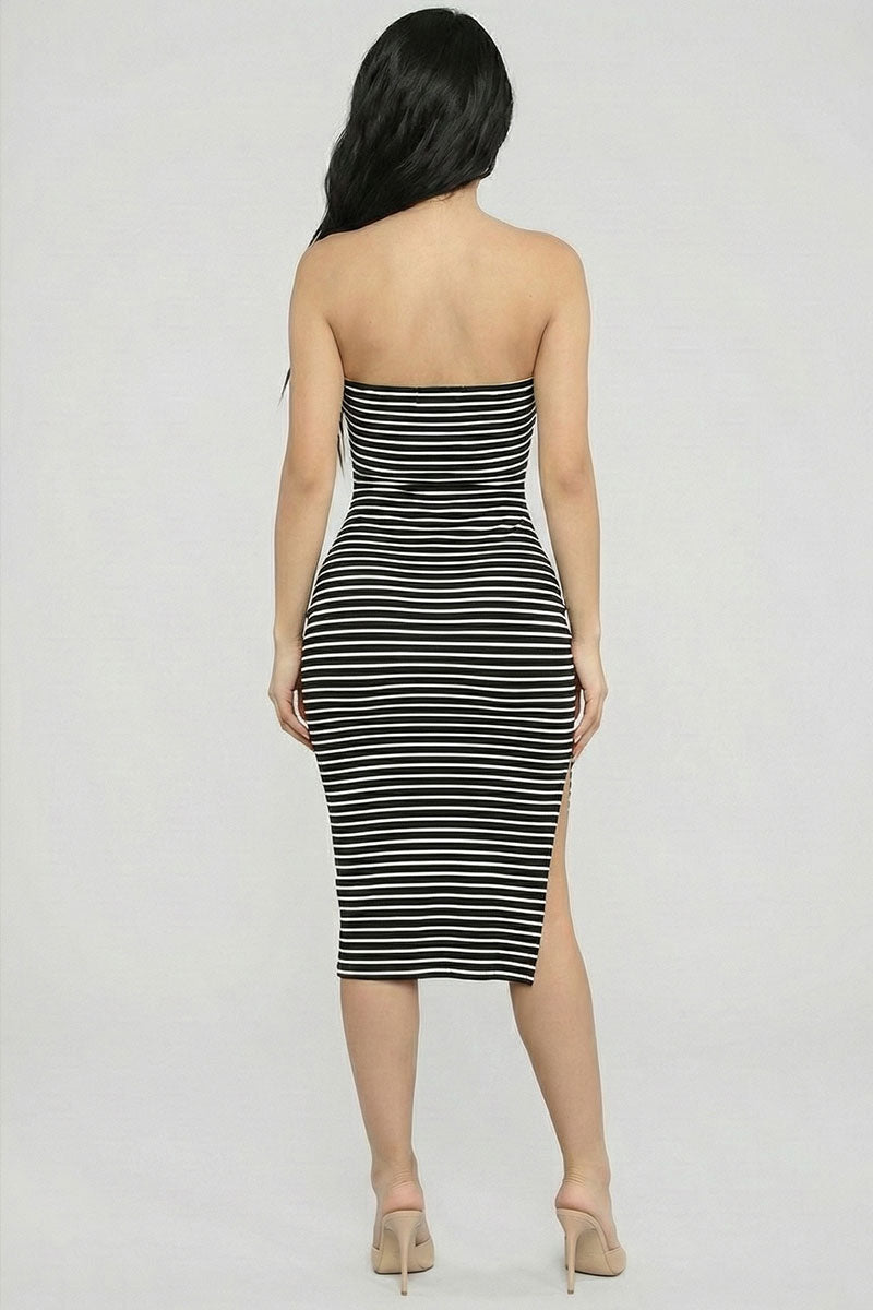 Rib Knitted Striped Tube Side Ruched Slit Bodycon Midi Dress