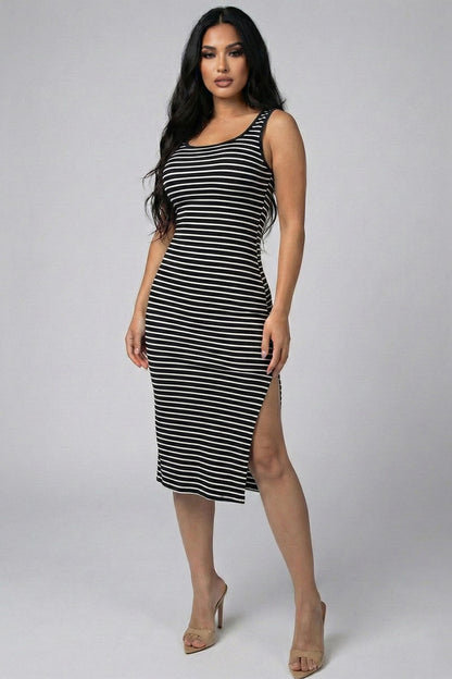 Ribbed Striped Sleeveless Midi Dress with Side Slit