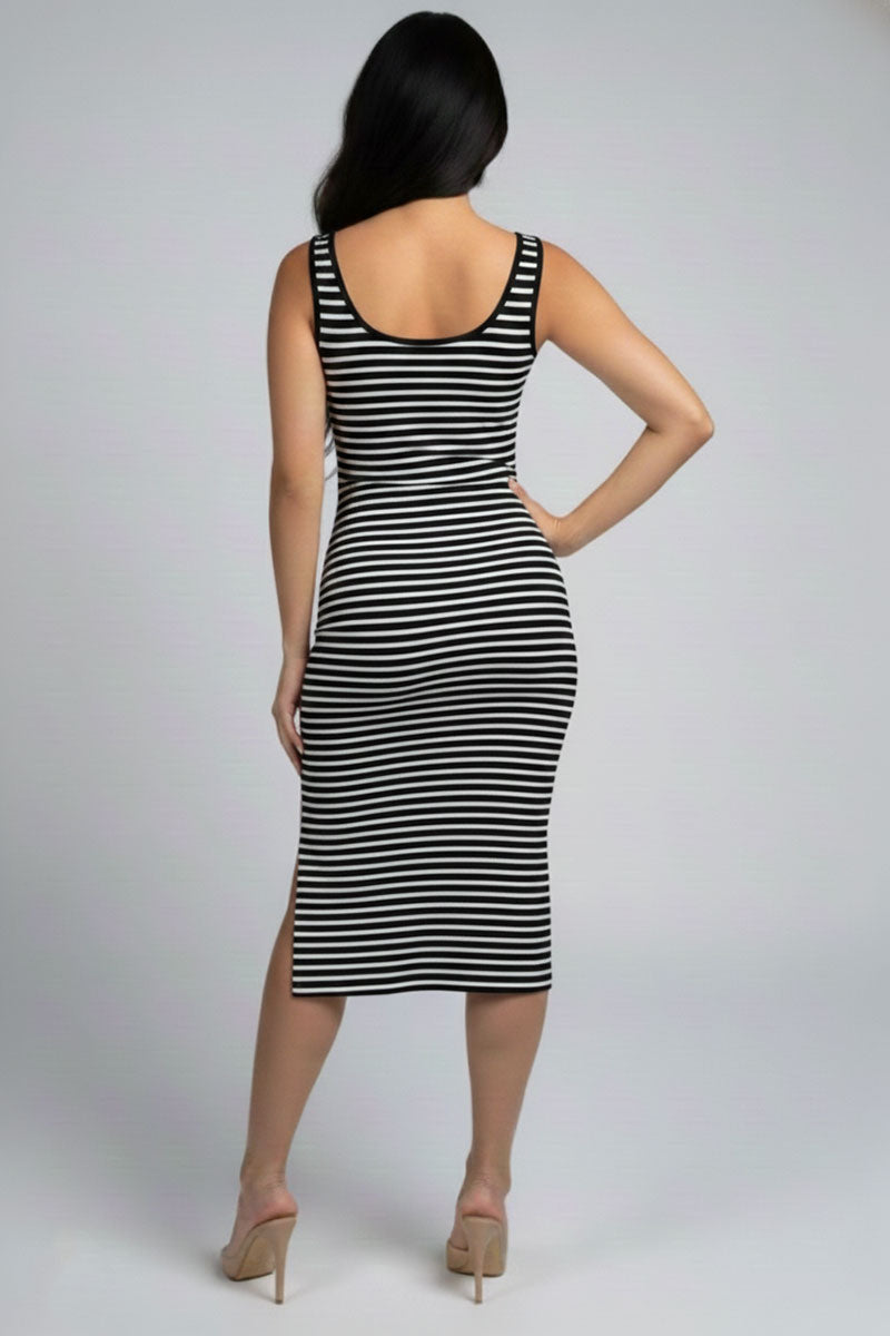 Ribbed Striped Sleeveless Midi Dress with Side Slit