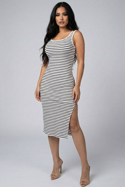 Ribbed Striped Sleeveless Midi Dress with Side Slit