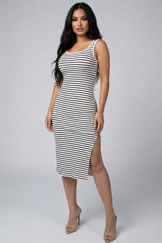 Ribbed Striped Sleeveless Midi Dress with Side Slit