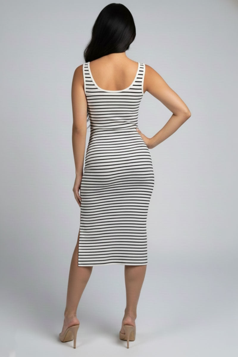 Ribbed Striped Sleeveless Midi Dress with Side Slit