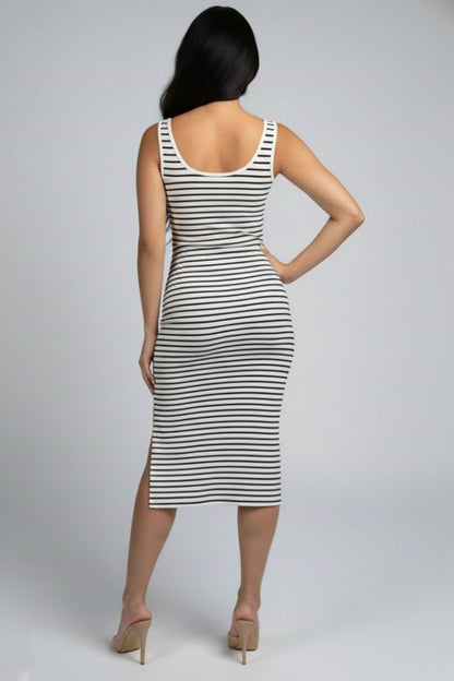 Ribbed Striped Sleeveless Midi Dress with Side Slit