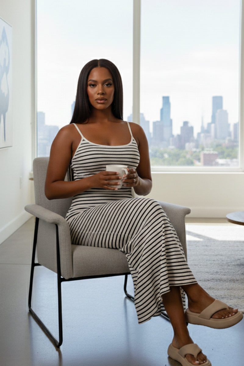 Women's Rib Knit Striped Bodycon Maxi Slip Dress Wholesale Capella Apparel Women's Rib Knit Striped Bodycon Maxi Slip Dress Wholesale Capella Apparel