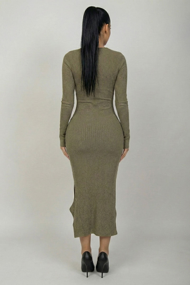 Asymmetrical Lettuce Edge Ribbed Knit Midi Dress