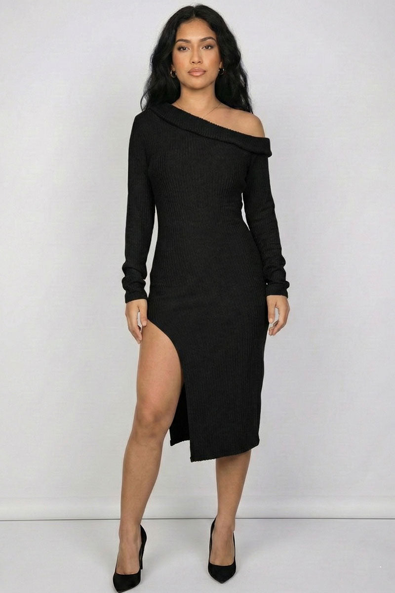 Luxe Ribbed Off-Shoulder Slit Midi Dress – Wholesale Capella Apparel