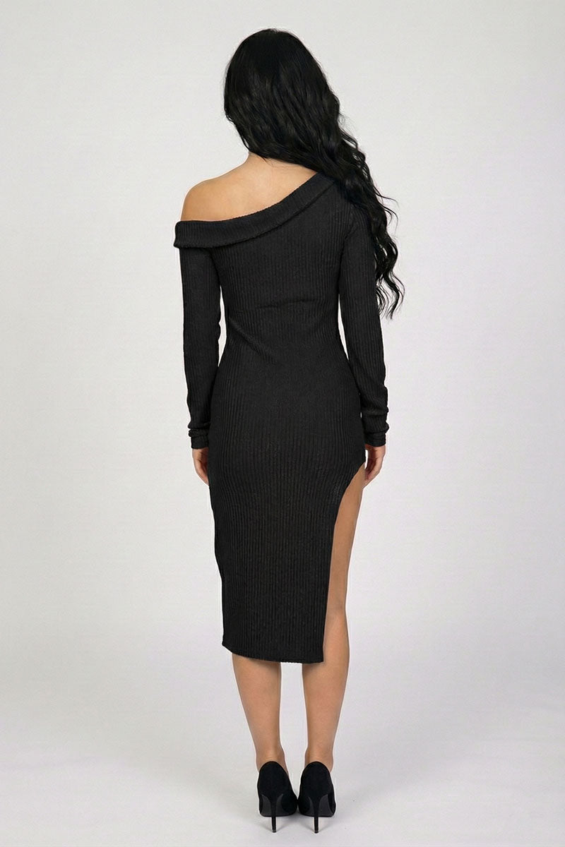 Luxe Ribbed Off-Shoulder Slit Midi Dress