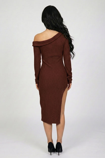 Luxe Ribbed Off-Shoulder Slit Midi Dress