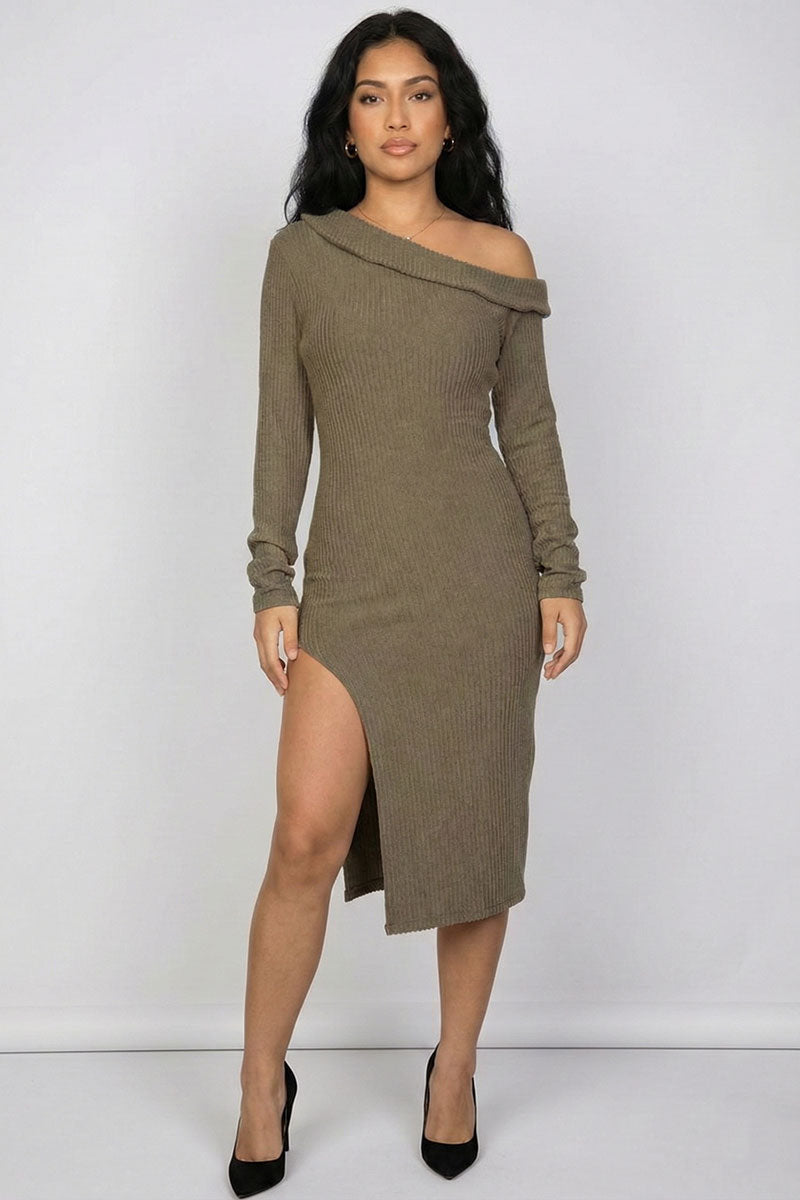 Luxe Ribbed Off-Shoulder Slit Midi Dress