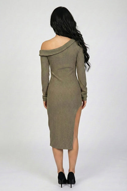 Luxe Ribbed Off-Shoulder Slit Midi Dress
