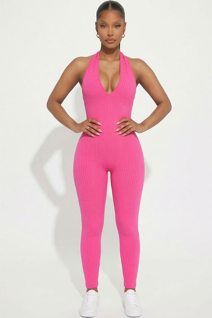 Halter V Neck Ribbed Bodycon Jumpsuit
