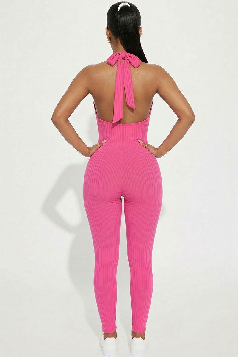 Halter V Neck Ribbed Bodycon Jumpsuit
