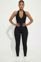 Halter V Neck Ribbed Bodycon Jumpsuit