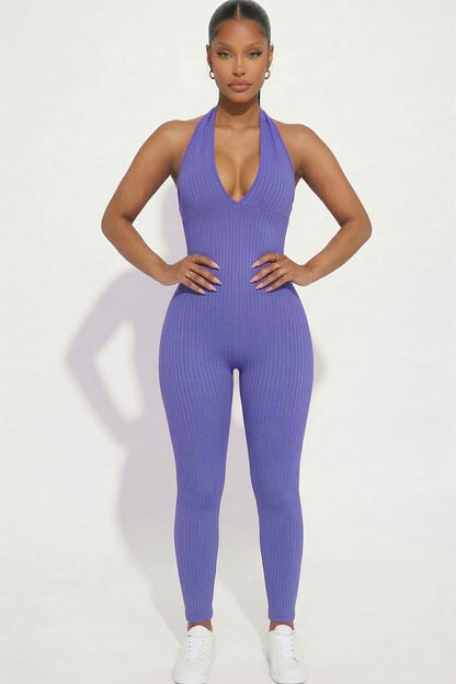 Halter V Neck Ribbed Bodycon Jumpsuit