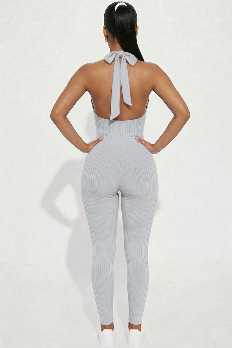 Halter V Neck Ribbed Bodycon Jumpsuit