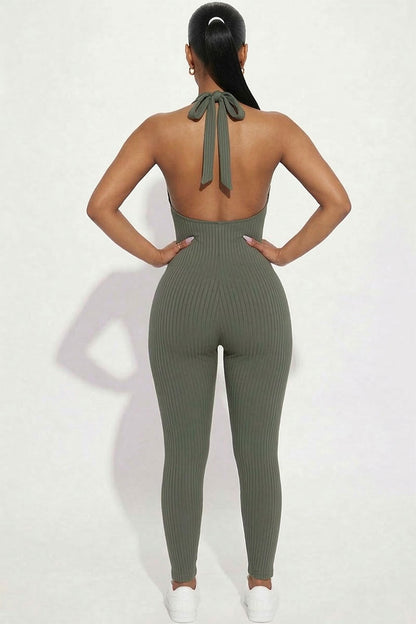 Halter V Neck Ribbed Bodycon Jumpsuit