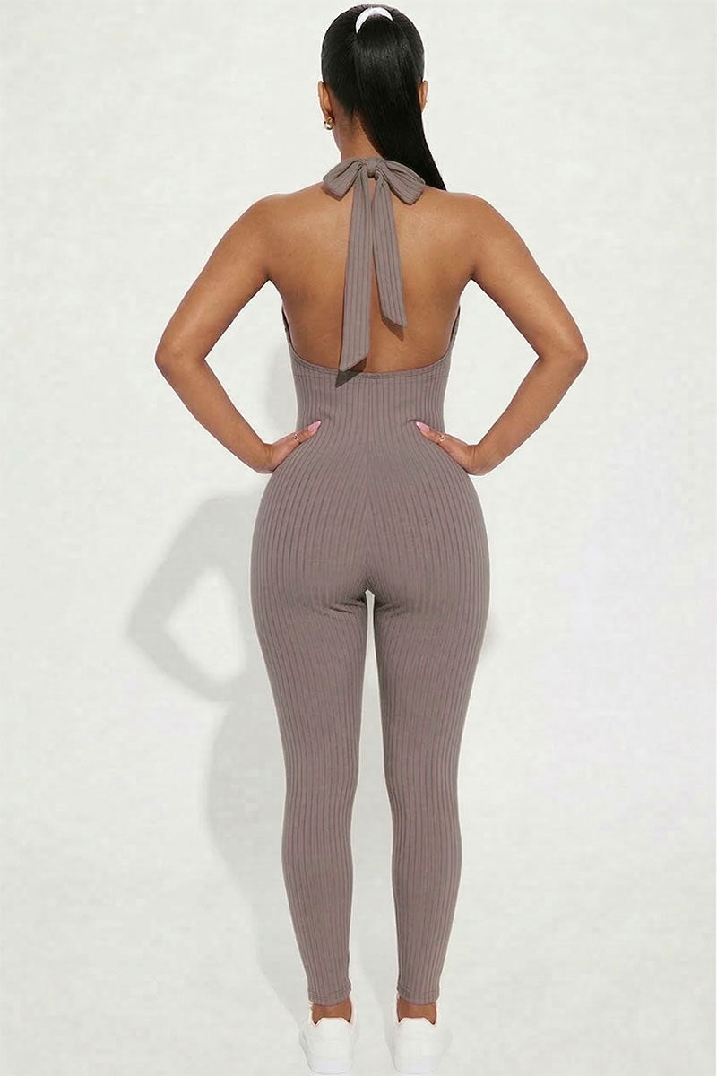 Halter V Neck Ribbed Bodycon Jumpsuit