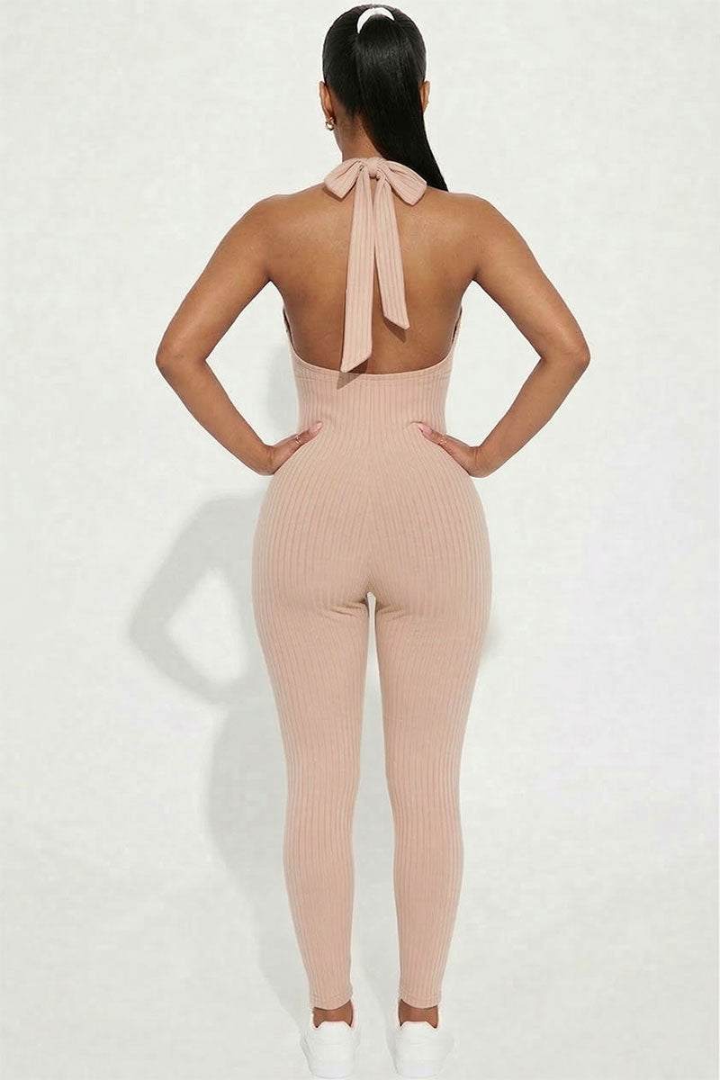 Halter V Neck Ribbed Bodycon Jumpsuit