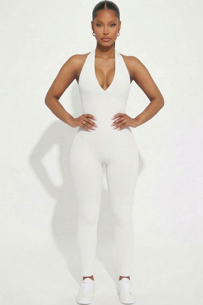 Halter V Neck Ribbed Bodycon Jumpsuit