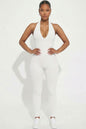 Halter V Neck Ribbed Bodycon Jumpsuit