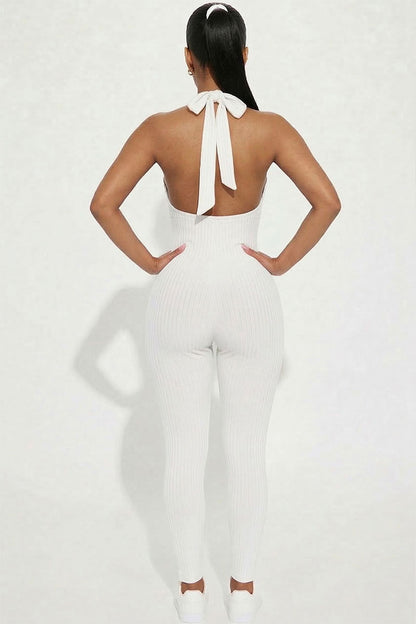 Halter V Neck Ribbed Bodycon Jumpsuit