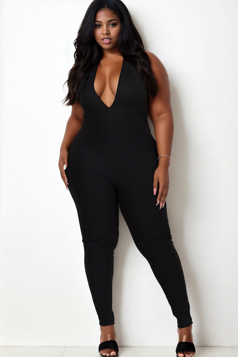 Plus Size Halter V Neck Ribbed Bodycon Jumpsuit - Capella Apparel Wholesale