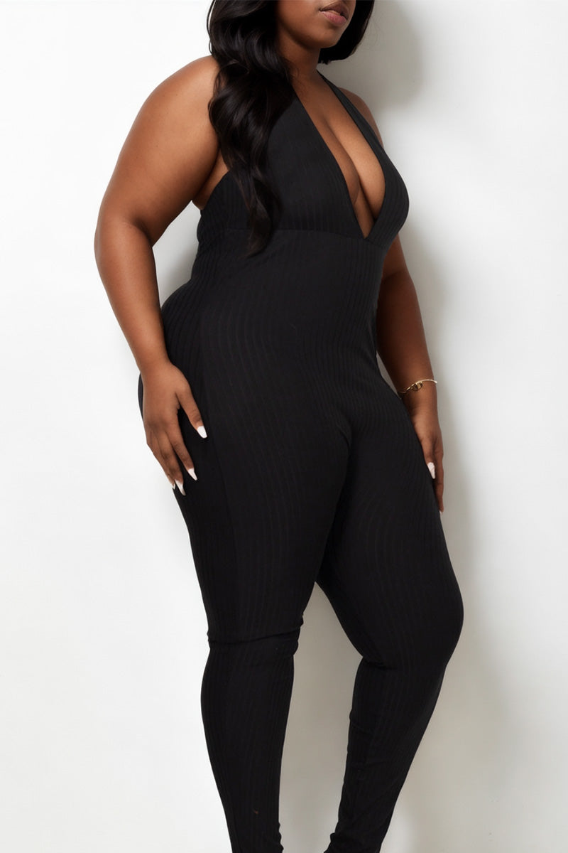 Plus Size Halter V Neck Ribbed Bodycon Jumpsuit - Capella Apparel Wholesale