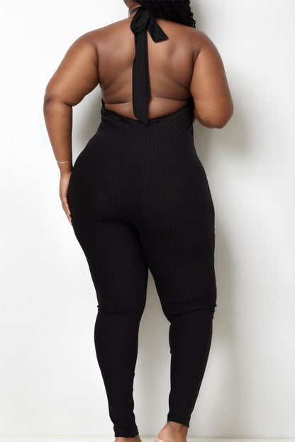 Plus Size Halter V Neck Ribbed Bodycon Jumpsuit - Capella Apparel Wholesale