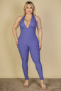 Plus Size Halter V Neck Ribbed Bodycon Jumpsuit - Capella Apparel